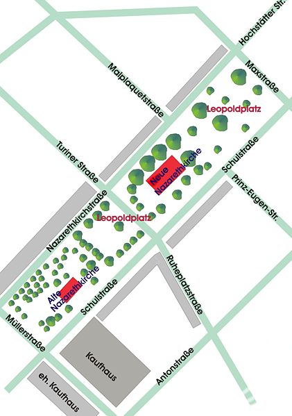 Lageplan des Leopoldplatzes mit angrenzenden Straßen (Quelle: Angela Monika Arnold, www.wikipedia.de) Lageplan des Leopoldplatzes mit angrenzenden Straßen (Quelle: Angela Monika Arnold, www.wikipedia.de)